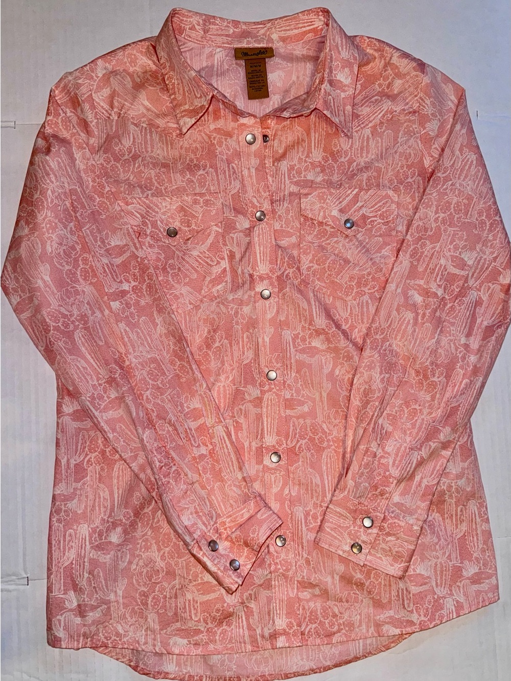 Wrangler Pink Cactus Print Western Snap Shirt 100% Cotton M